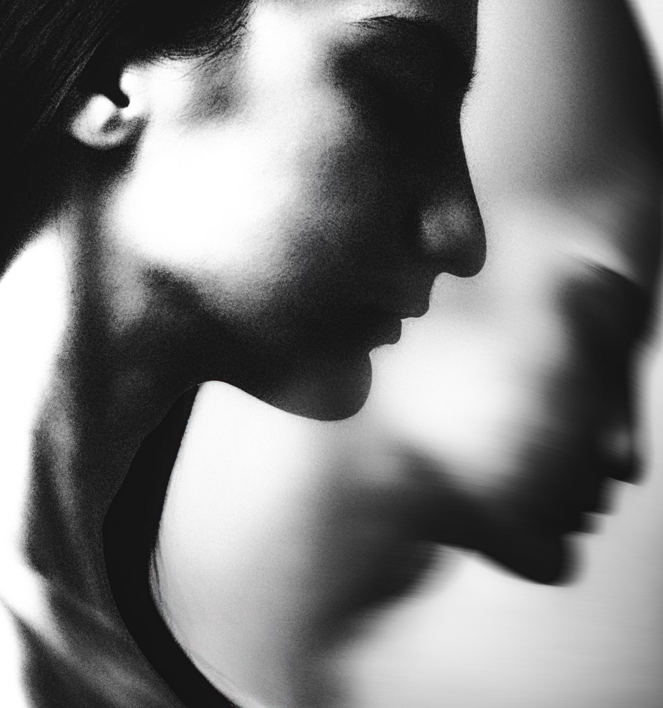 Black and white photo of a woman's silhouette and blurred side profile, creating a dramatic and ethereal effect, conveying a sense of mystery.
